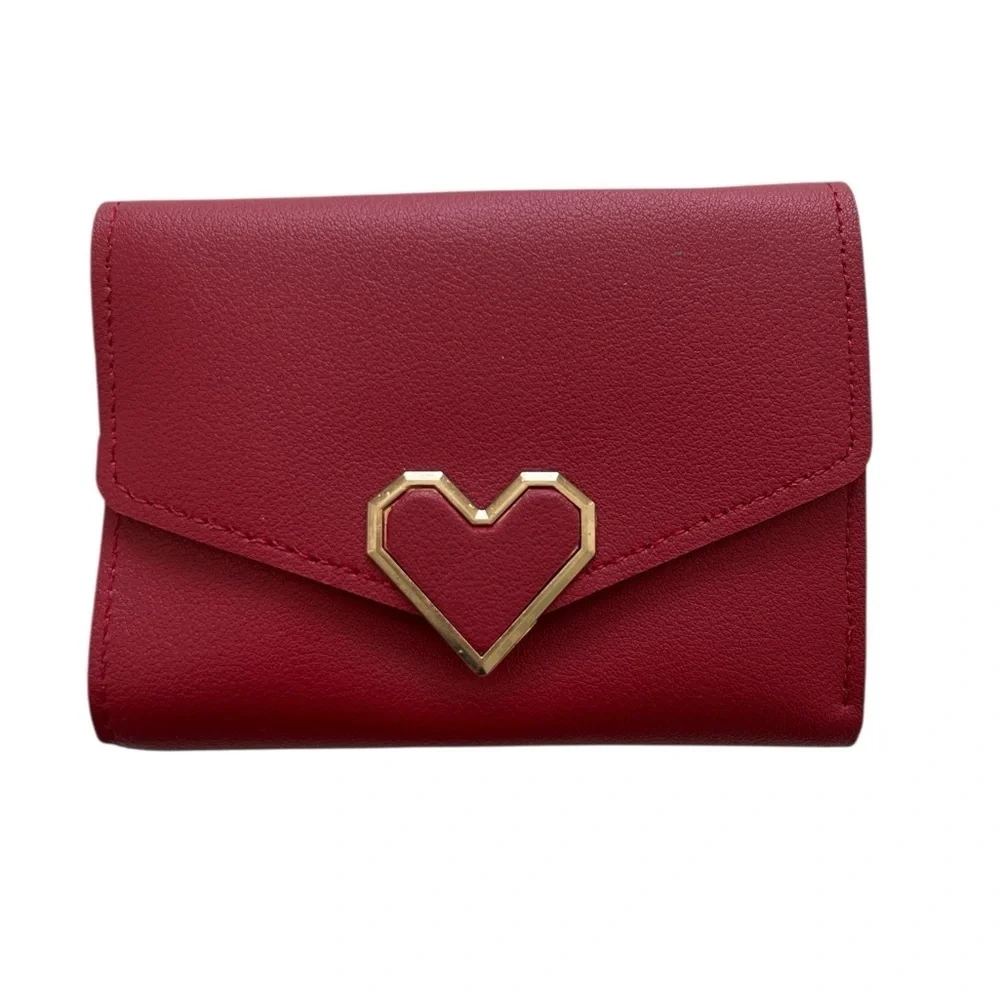 Red Faux Leather Tri-fold Wallet With A Geometric Hold Heart Tone Buckle
